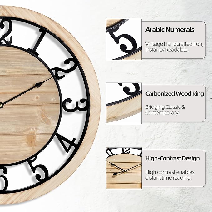 LEIKE 20 Inch Large Wall Clock - Rustic Wooden Silent Non-Ticking Wall Clock with Black Metal Frame, Vintage Farmhouse Decorative for Living Room, Bedroom, Kitchen - Arabic Numerals, Modern Design