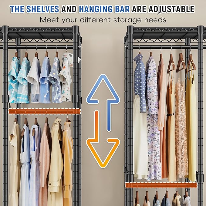 Raybee 88.2" W Clothes Rack Heavy Duty Clothing Racks for Hanging Clothes Loads 1200LBS Freestanding Garment Rack for Bedroom 88.2" W x 75.6" H x 15.7" D, Black