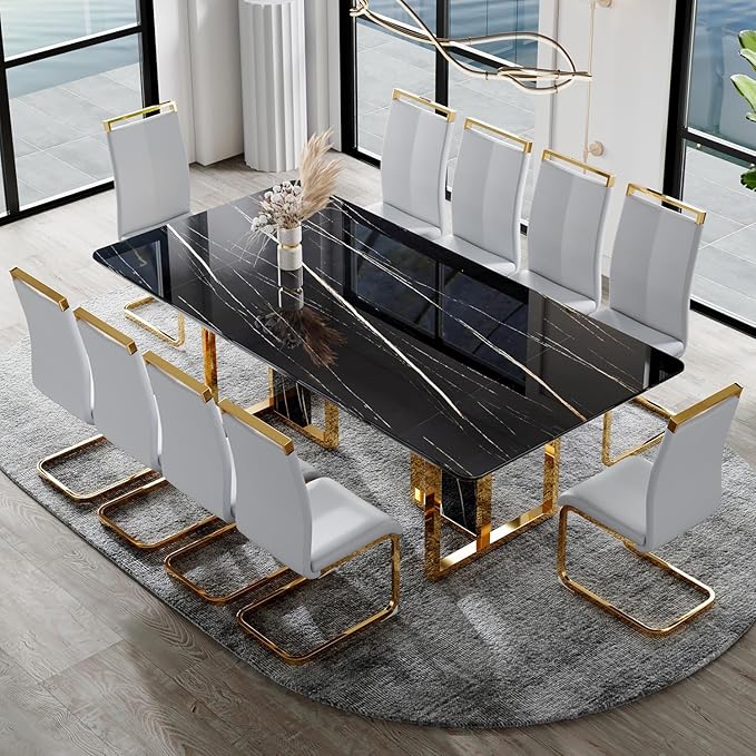 JUFU Dining Table Set for 10, 79'' Dining Table for 8-10 People with Faux Marble Tabletop and Sturdy Leg, White Rectangle Dining Room Table Set for 10 with Light Gray PU Chairs, Ideal for Dining Room