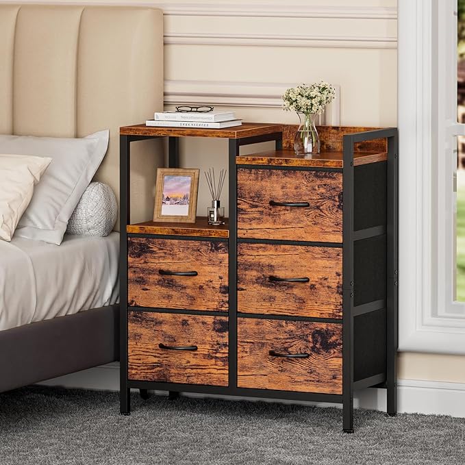 Furnulem 5 Drawer Rustic Brown Dressers for Bedroom 2 Tier Shelf Storage Small Fabric Dresser for Closet Sturdy Metal Frame Modern Style Storage Cabinets Organization Units for Hallway Rooms
