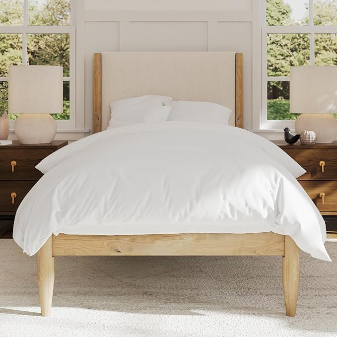DG Casa Reign Boucle Mid-Century Modern Twin Size Wooden Platform Bed Frame - Upholstered in Taupe Boucle - Solid Wood with Natural Finish