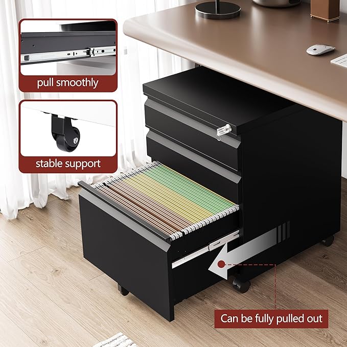 3 Drawer File Cabinet，Mobile Filing Cabinet with Lock and Wheels，Fully Assembled Metal Under Desk File Cabinets for A4/Letter/Legal Size（Black