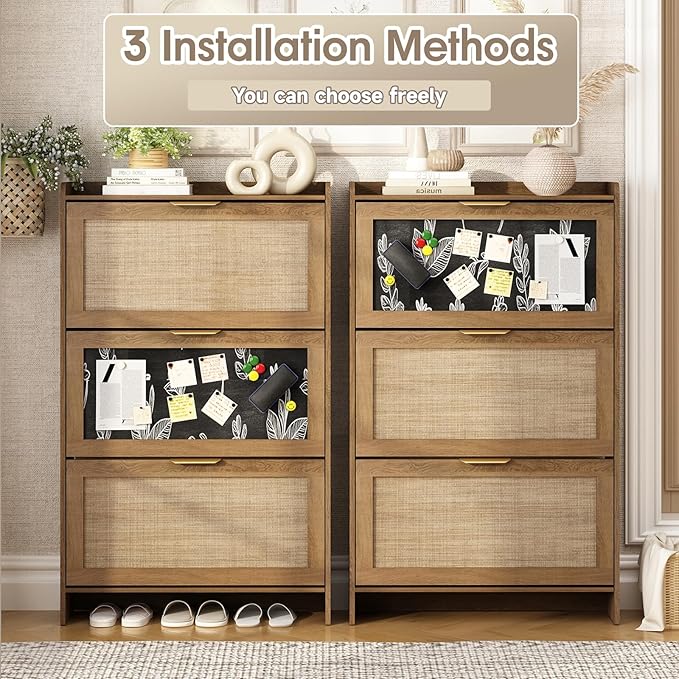 Rattan Shoe Storage Cabinet with 6 Flip Drawers & Chalkboard, Freestanding Organizer for Front Door Entrance, Hidden Narrow Shoe Rack Cabinet Storage for Entryway, Rustic Oak Rattan