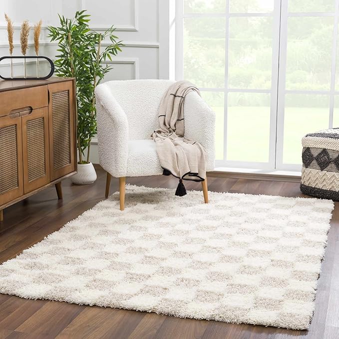 Hauteloom Atira Contemporary Checkered Fluffy Shag Runner Rug - Modern Geometric Carpet Tiles for Hallway, Kids Room - Plush Pile Carpet Squares - Cream,Light Beige - 2'7" x 10'