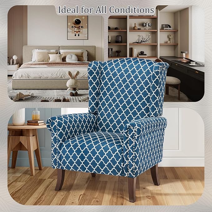 MOJAY Modern Accent Chair, Comfy Wingback Armchair Blue Plaid Club Chair with Wooden Legs for Living Room, Bedroom, Office, or Balcony