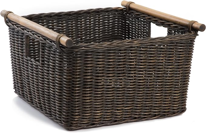 The Basket Lady Deep Pole Handle Wicker Storage Basket, Large, 15 in L x 15.5 in W x 9.5 in H, Antique Walnut Brown