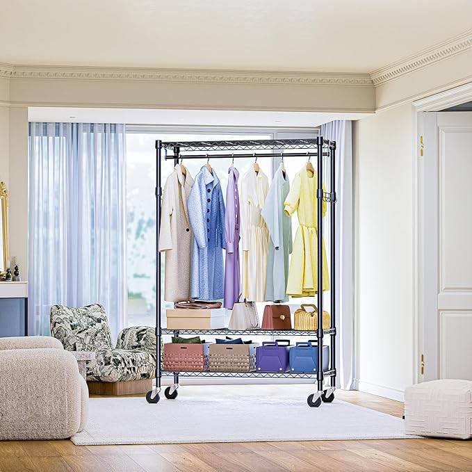 IZEUK Heavy Duty Rolling Garment Rack with 3 Adjustable Wire Shelves, 2 Hanging Rods & Side Hooks - Extra Large Mobile Clothes Rack with Wheels, 47.2" W x 17.7" D x 83.6" H, Black