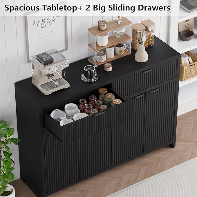 Fluted Sideboard Buffet Cabinet with Storage and Large Drawers, 55" W Credenza Storage Cabinet for Living Room or Entryway, 40'' H Farmhouse Buffet Table with Adjustable Shelves, Console Cabinet