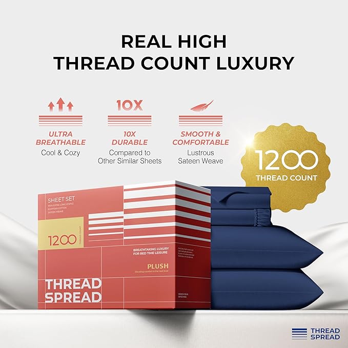 THREAD SPREAD 100% Egyptian Cotton Sheets California King Size - 1200 Thread Count 4 PC Calking Sheet Egyptian Cotton, Cooling Sateen Sheets, High Count Sheet California King - Navy Blue