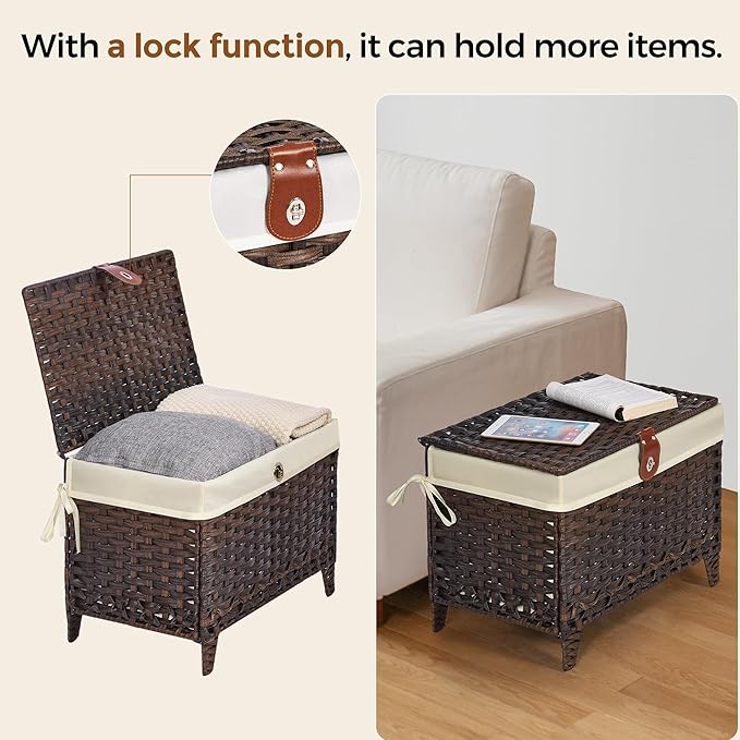 Wicker Storage Basket with Lid,Rattan Shelf Basket with Removable Liner Bag,65L Storage Bin,Storage Trunk with Heightened Feet,Storage Container for Wardrobe,Home Organizer
