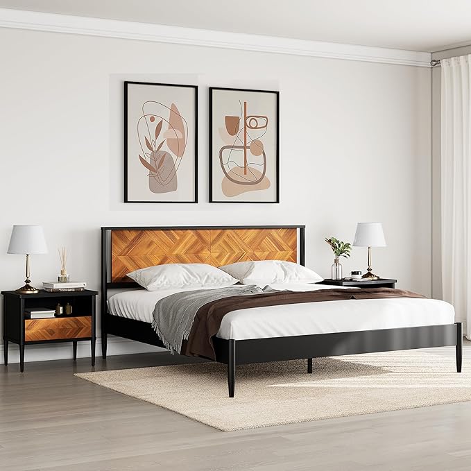 Lenia Queen Bed Frame with 2 Matching Nightstands – Modern Wood Platform Bed Set, Chevron Diamond Design, No Box Spring Needed, Slatted Support (Teak Brown, Queen)