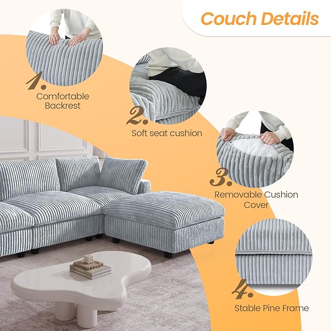 JACH Modern U Shape Sectional Couch, Convertable Modular Couches with Chaise Ottomans, Deep Seat Sofas, Sofa Covers Washable, Minimalist Plush Sofa for Living Room, Apartment, Light Grey
