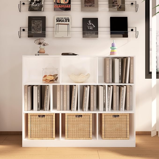 10-Cube Wooden Bookshelf with Base,3-Tier Freestanding Open Storage Organizer,Multi-Functional Bookcase for Living Room,Bedroom,Study and Office (White, 10-Cube)