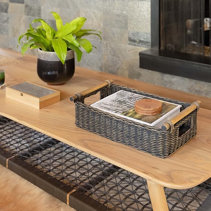 The Basket Lady Low Pole Handle Wicker Storage Basket, Extra Large, 21.5 in L x 14.5 in W x 6.5 in H, Sandstone