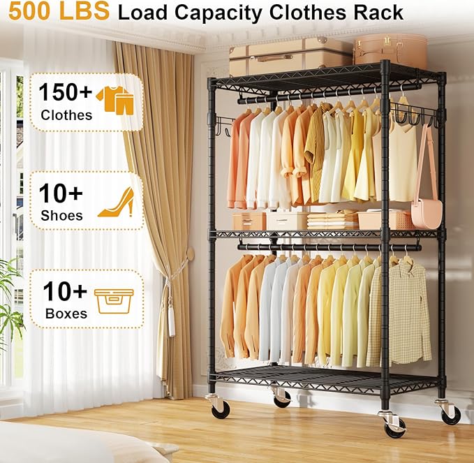 P1 Rolling Clothes Rack, Portable Wardrobe Closet with Wheels, Heavy-Duty Closet Clothing Rack for Hanging Clothes, 35.5" W x 15.7" D x 80.5" H, Hold 500lbs, Black