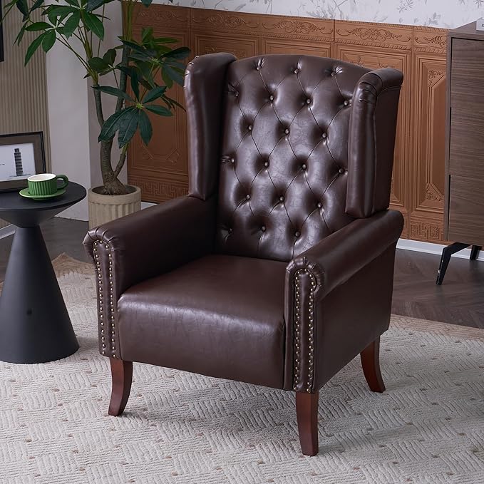 MOJAY Mid-Century Modern Living Room Chairs Set of 2, Upholstered Faux Leather Accent Chairs Club Arm Chair, Single Sofa Chair with Solid Wooden Legs for Bedroom Study Home Office Lounges(Caramel)