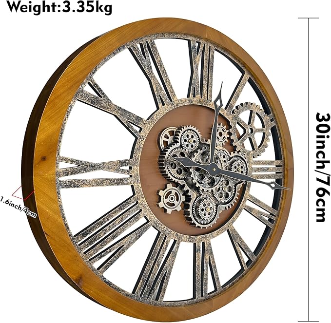 The B-Style Large Real Moving Gears Wall Clock 30 inch Rustic Retro Industrial Farmhouse Wood Clock Oversized Decorative Vintage Wall Clocks for Living Room (Drak Brown and Bronze)