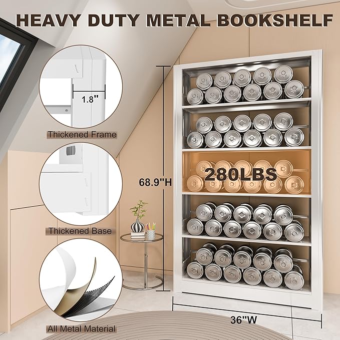 5 Tier White Bookshelf, 68.9" Tall Bookcase with Adjustable Storage Shelves, Heavy Duty Metal Book Shelf Organizer for Living Room, Office, Library, Including Book Stoppers