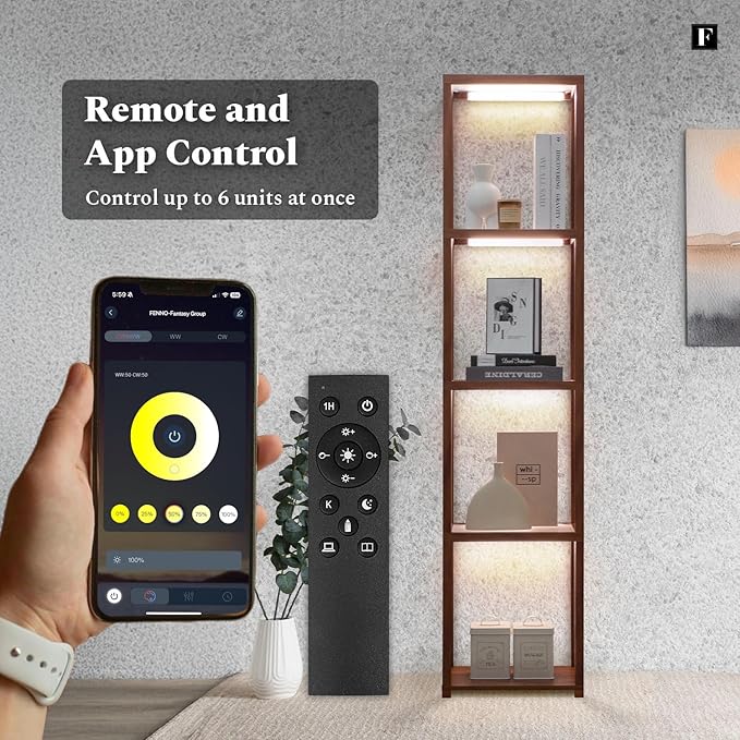 FENLO LED Display Shelf Unit – Dimmable Lighted Furniture for Bedroom, Living Room, or Office – Glass Curio Cabinet Shelf Lamp with App + Remote Control + Adjustable Lighting