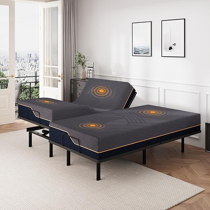 Split King Adjustable Bed Base Frame with Wireless Remote + 14 Inch Copper Memory Foam Mattress Bed in a Box, Head and Foot Incline & Massage, Zero Gravity, Fiberglass Free, 80" × 76"