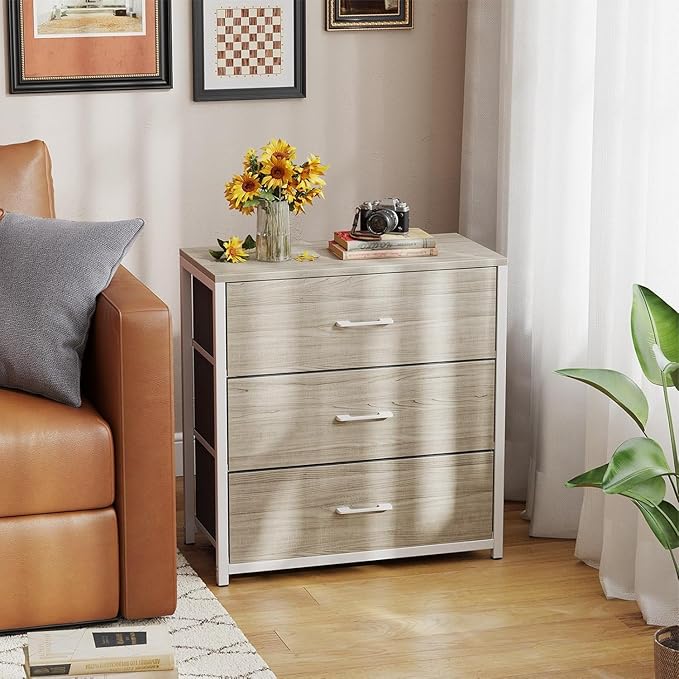 Nightstand, End Table, Bedside Table, Tall Fabric Dresser with 3 Drawer, White Drawers Small Chests of Drawers Organizer Storage Tower with Steel Frame, Wooden Top & Front for Bedroom