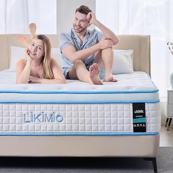 LIKIMIO 14 Inch Queen Size Hybrid Mattress, Made in USA, Mattress in a Box, Gel Memory Foam with Cooling Tech, Pocket Springs with Edge Support, Motion Isolation, Medium Feel, Oeko-TEX, CertiPUR-US