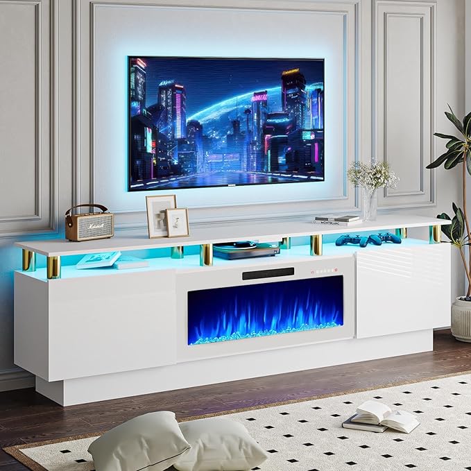 80" Modern Fireplace TV Stand with 36" Electric Fireplace for TVs Up to 90 inch, Luxury LED Light Entertainment Center with High Gloss Cabinet, White + Silver Posts with White Fireplace