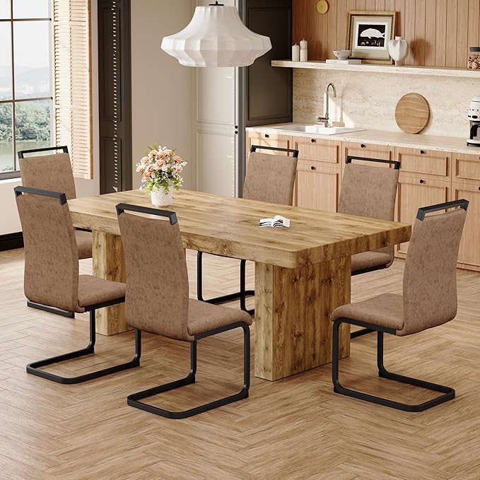 Dining Room Table Set for 6, 79" Wood Dining Table Sets and 6 Chairs, Farmhouse Kitchen Table with 3.5" Thick Top and Heavy Duty Legs,Easy Assembly,Ideal for Dining Room,Brown