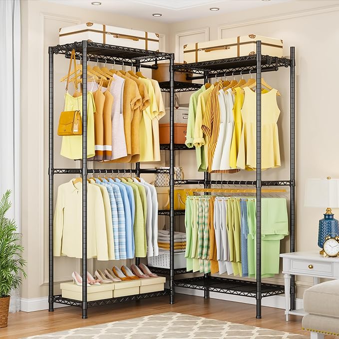 Ulif E4 Clothes Rack, Heavy-Duty Garment Rack, Metal Freestanding Clothing Organization Storage System Can Be L-Shaped with Shelves and Hangers, Max Load 962lbs, 71.6" W x 14.5" D x 79.3" H, Black