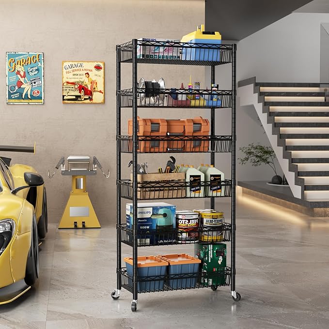 SINGAYE Shelf 6 Tier Wire Shelving Unit Adjustable Storage Shelves Big Basket Rack for Garage Kitchen Office Pantry Laundry Room Organizers13.5 D x 30" W x 65" H Black