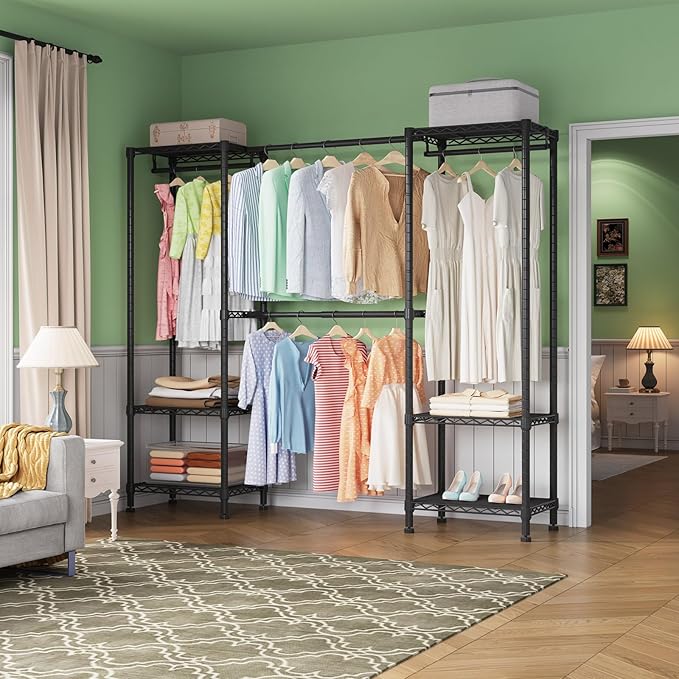 H10 Clothing Rack for Hanging Clothes, Expandable Clothes Rack, Freestanding Closet Rack, Heavy Duty Garment Rack, Organizer with Hanger Rods, Extendable from 4.6 to 5.1 ft, Black