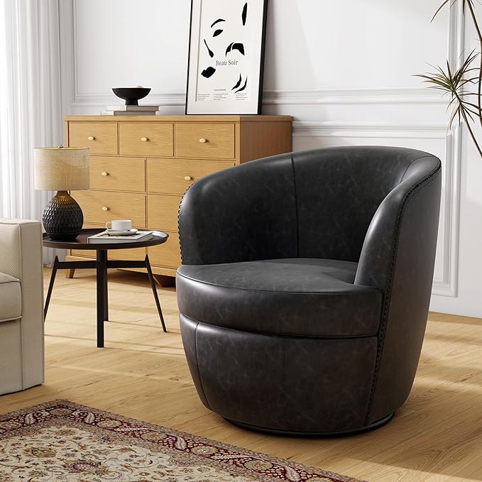 Swivel Barrel Chair, Modern Round PU Leather Accent Armchair for Living Room, Bedroom, Comfy Club Reading Chairs for Adults (Leather Black Grey, Set of 2)