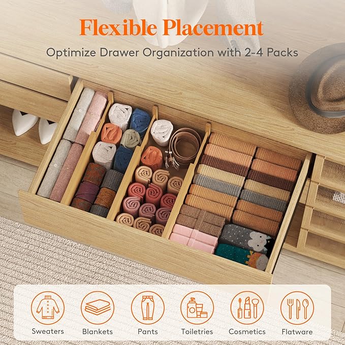 Lifewit 6 Pack 6" Deep Bamboo Drawer Dividers, 13-16.5" Expandable Drawer Organisers for Clothes, Adjustable Dresser Drawer Divider, Clothing Drawers Separators for Dresser, Bedroom, Bathroom, Office