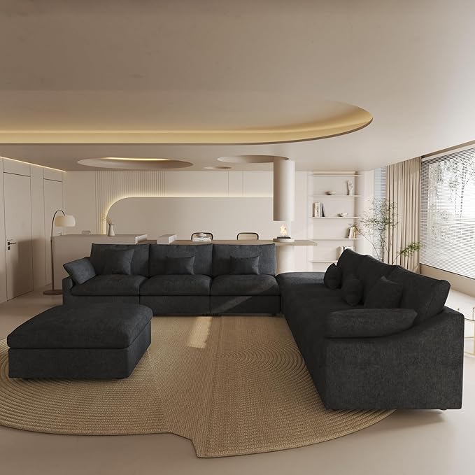 Modular Sectional Sofa with Ottoman for LivingRoom,156inch U Shaped Down Filled Cloud Couch,8 Seater Convertible V Shaped Living Room Sets,Cover Washable and Replaceable Couches for Living Room,Black