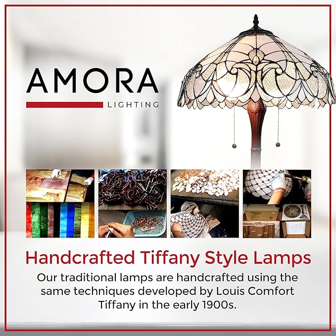 Amora Tiffany Style Floor Lamp - 62” Floral Mahogany Stained Glass Floor Lamp
