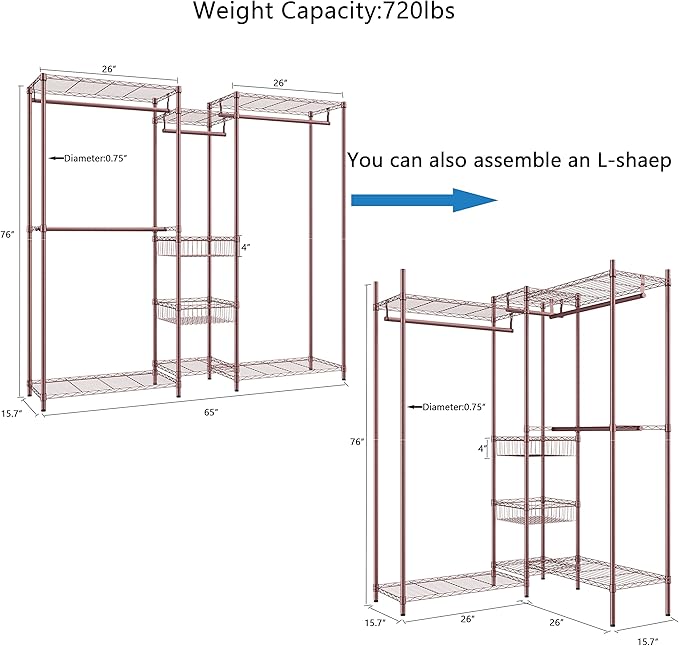 Xiofio 6 Tiers Heavy Duty Clothes Rack, Metal Clothing Rack,Clothing Storage Organizer,Garment Rack with Basket,Hanging Adjustable Garment Rack,65.0" L x 15.7" W x 76.0" H,Max Load 800LBS,Bronze
