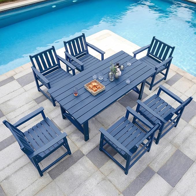 QUASCO Outdoor Patio Dining Table Set, 7-Piece Outdoor HDPE Dining Furniture Sets with Umbrella Hole Cut-Out Table and 6 Chairs for Patio, Garden, Backyard, Lawn and Poolside, Navy