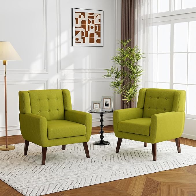 Accent Chairs Set of 2, Modern Fabric Armchairs for Living Room, Comfy Upholstered Arm Chairs Tufted for Indoor Bedroom Office Room (Green)