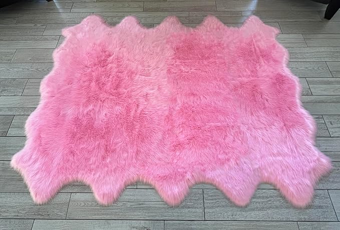 Free Shape Luxury Soft Fluffy Shag Area Rug Decto 10 Pelts 6'x10', 180x300cm - Vegan Fur Ultra Soft Indoor Carpet Nursery Rugs for Bedroom Home Decor, Pink