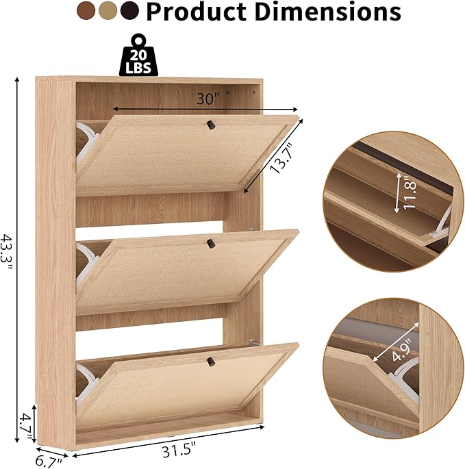 Shoe Storage Cabinet with 3 Flip Drawers, Narrow Wood Shoes Cabinet with Linen Doors Drawer, Freestanding Shoe Organizer Slim Shoe Cabinet Storage Shoe Rack for Entryway Hallway (Natural)
