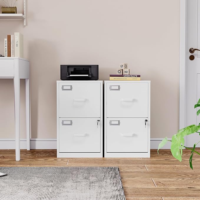 SISESOL 2 Drawer File Cabinet with Lock and Tag,Narrow Two Drawer Filing Cabinet,Vertical Metal File Cabinets,White Small Filing Cabinets for Home Office Fit Letter/A4/Legal Size File,Easy Assembly
