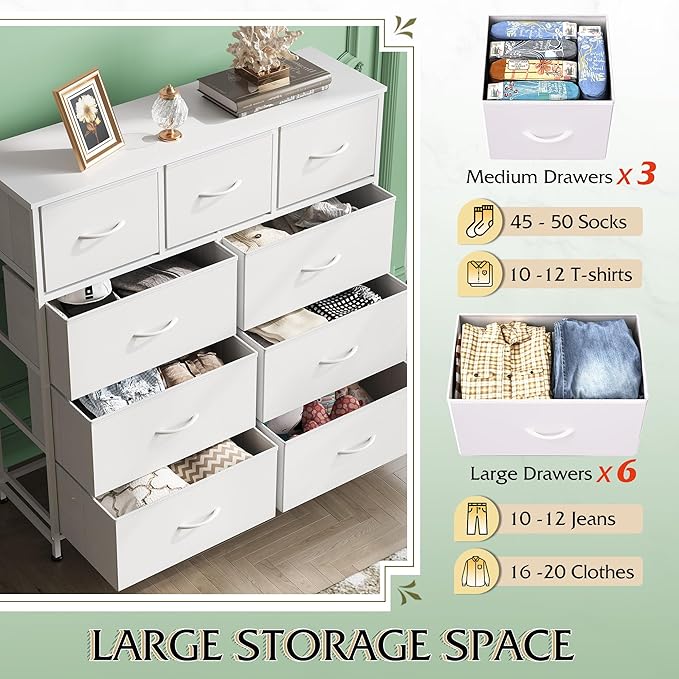 WLIVE 9-Drawer Dresser, Fabric Storage Tower for Bedroom, Hallway, Closet, Tall Chest Organizer Unit for Bedroom with Fabric Bins, Steel Frame, Wood Top, Easy Pull Handle, White