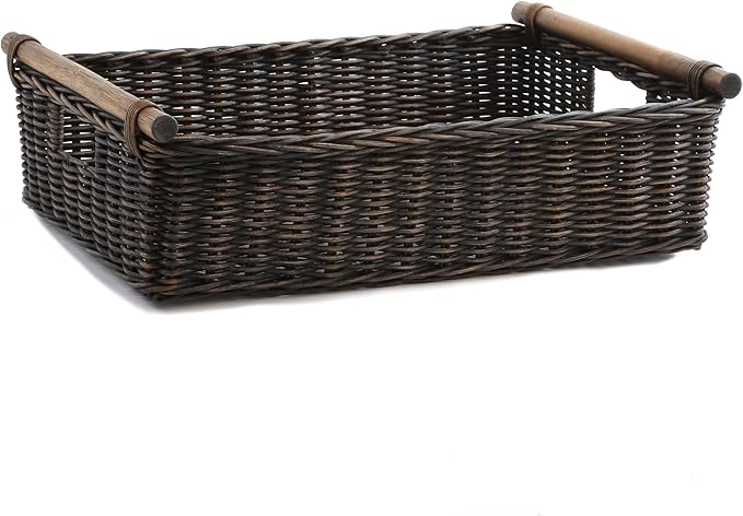The Basket Lady Low Pole Handle Wicker Storage Basket, Large, 19.5 in L x 12.5 in W x 6 in H, Antique Walnut Brown