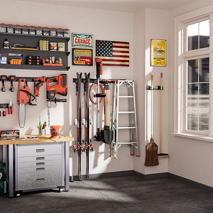 Garden Tool Organizer Wall Mount, 48 inches Tool Storage Rack with Adjustable Hooks, 600lbs Adjustable Heavy Duty Metal Hooks, Yard Shed Rack Holder System Hanging Rake Broom Mop, Father's day gifts