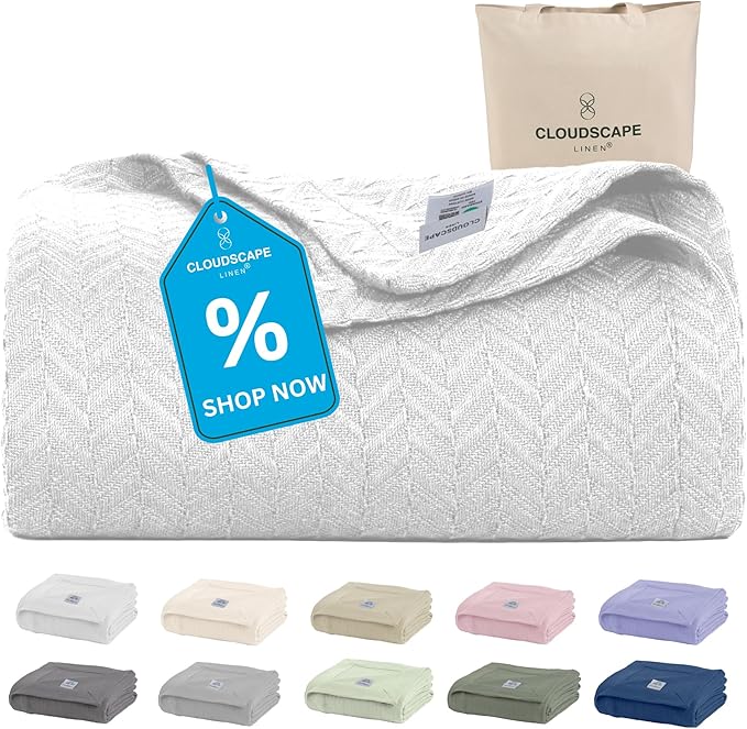 Cloud Scape Linen Herringbone Cotton Throw Blanket for Couch, Bed,Sofa, Home Decor, Soft, Lightweight, All-Season Bed Blanket, 50 x 70, White