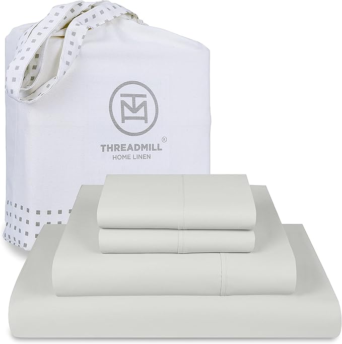 Threadmill 100% Cotton Sheets for King Size Bed - 600 Thread Count King Bed Sheets Set with 16” Deep Pocket - Sateen Weave 4-Piece Bedding Set with Cooling Effect, Light Grey