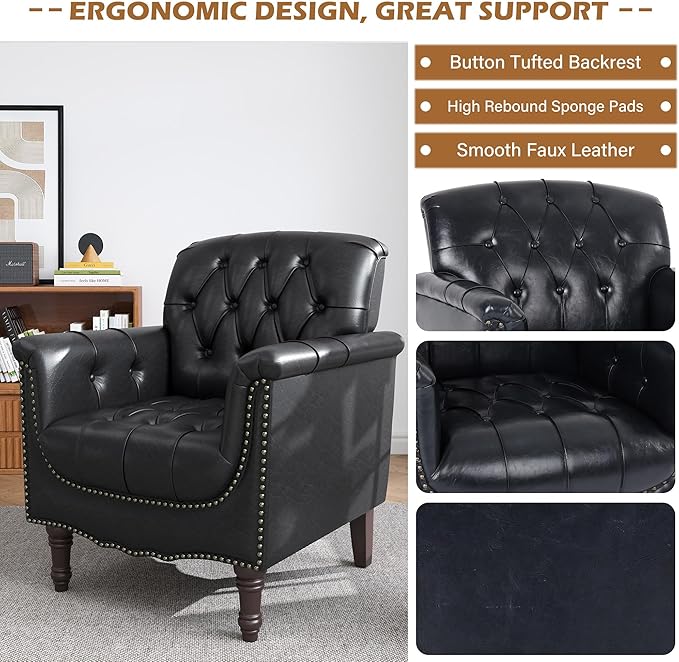 UIXE Faux Leather Accent Chairs Set of 2, Comfy Club Chair Upholstered Armchair for Living Room, Button Tufted Arm Chair Retro Single Sofa Side Reding Seat for Bedroom - Black Blue
