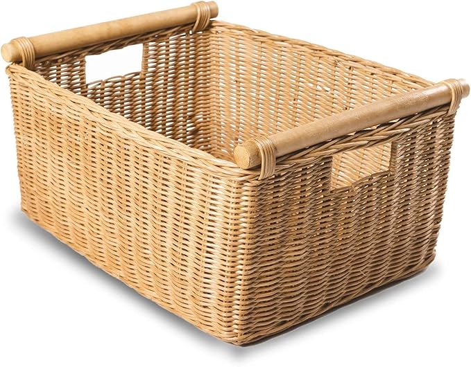 The Basket Lady Pole Handle Wicker Storage Basket, Extra Large, 20 in L x 16 in W x 10 in H, Sandstone