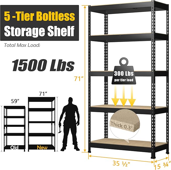 PrimeZone Storage Shelves 5 Packs 5 Tier Adjustable Garage Storage Shelving, Heavy Duty Metal Storage Utility Rack Shelf Unit for Warehouse Pantry Closet Kitchen, 35.5" x 15.75" x 71", Black