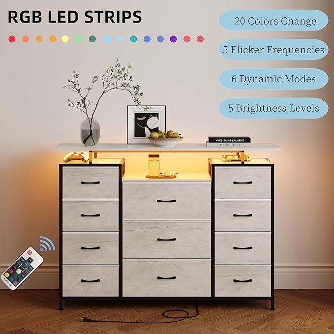 LUMTOK 11 Drawers Dresser with Fabric Drawers,Charging Station, LED Lights and Shelves for Bedroom Storage Organization (Greige)